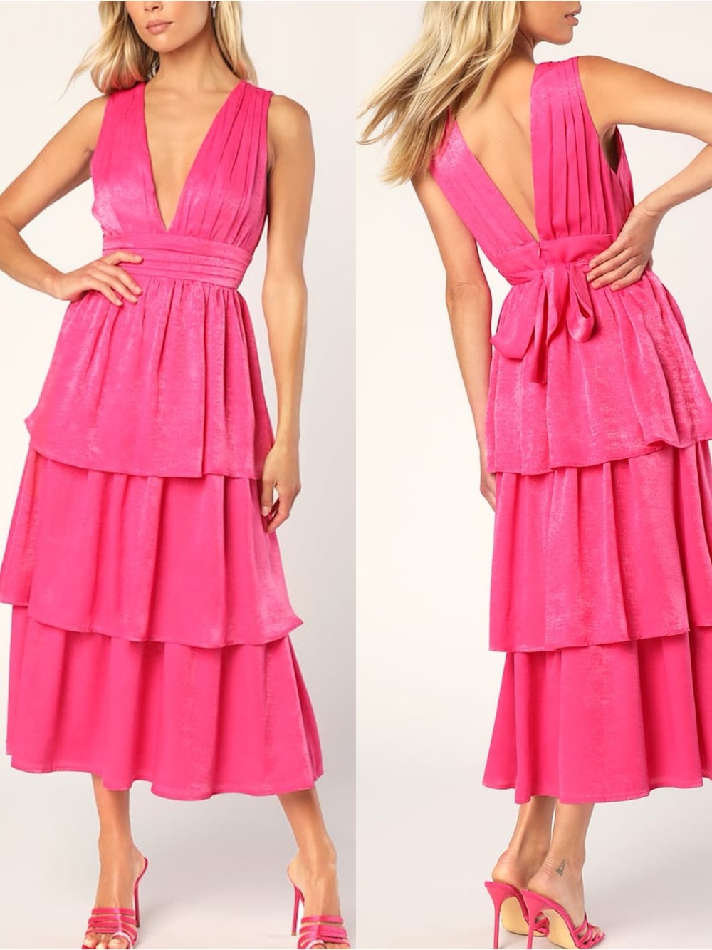 Lulus | Peak Party Vibe Hot Pink Satin Tiered Midi Dress
